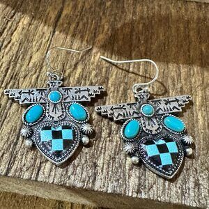Boho Turquoise Thunderbird Earrings, Stylish Checkered Design, Gift Box
